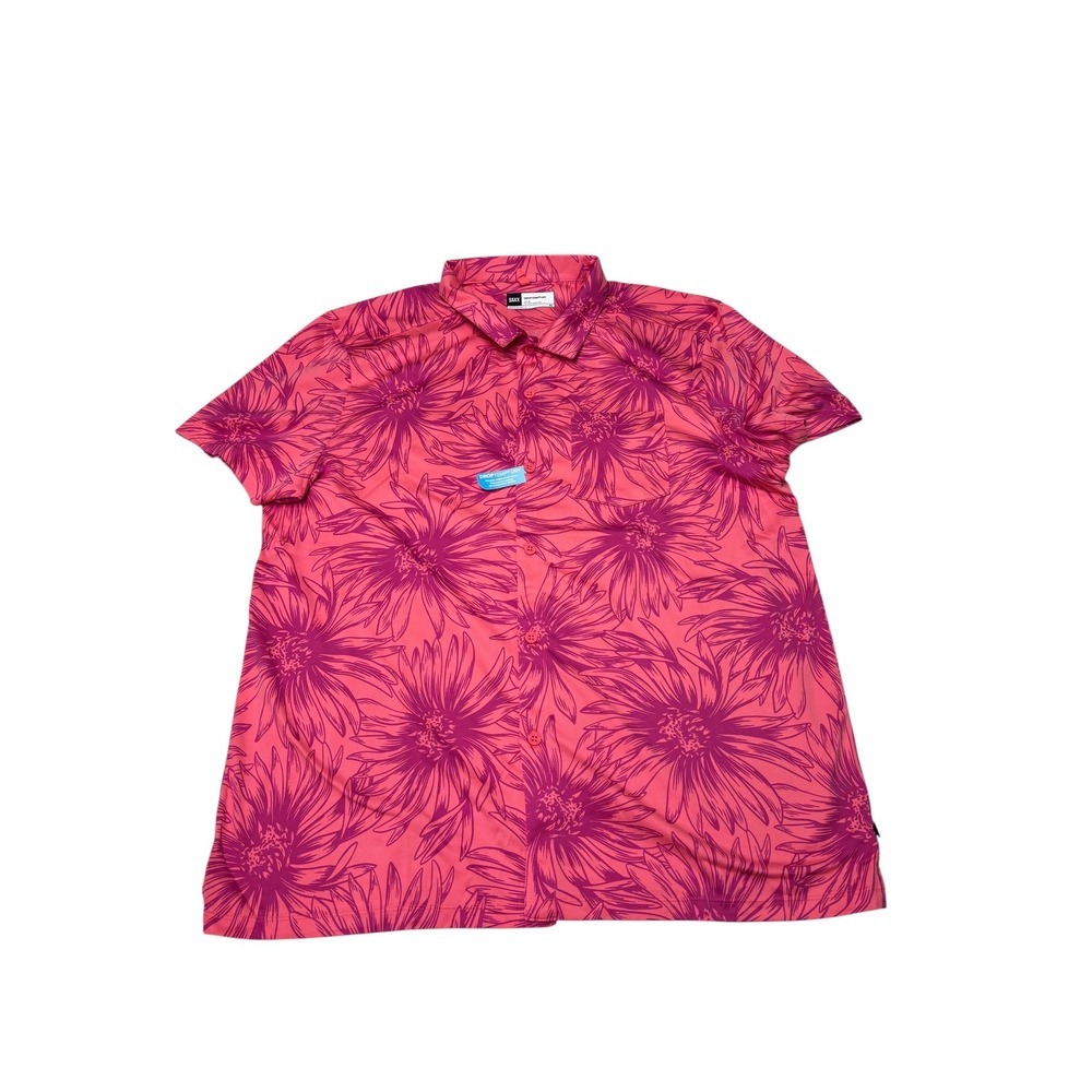 NWT SAXX DropTemp Dry Resort Button Down Shirt Mens XL Pink Purple Floral UPF 50